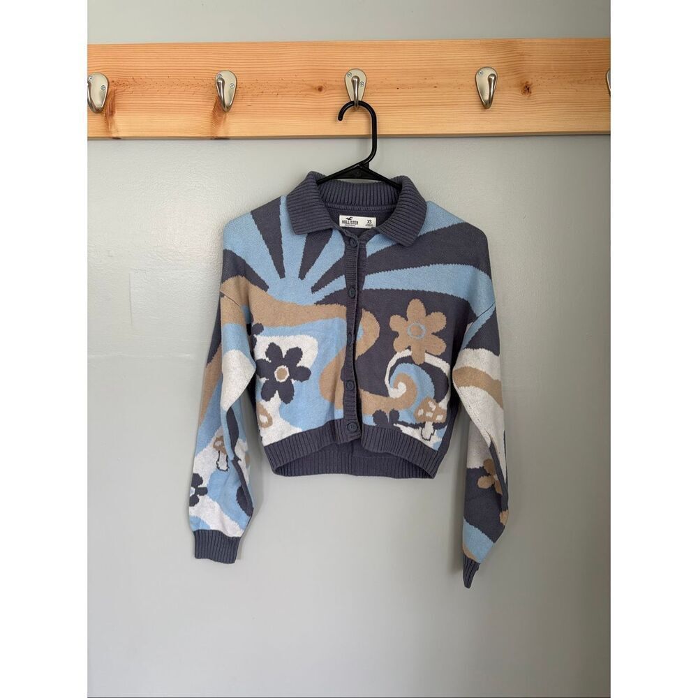 Hollister Floral Mushroom Button Cardigan 70s Retro Blue Tan Cozy Sweater XS